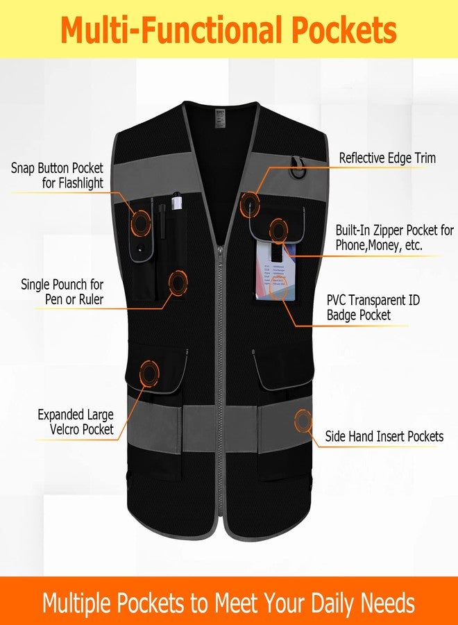 TCCFCCT Mesh Safety Vest for Men Women, 9 Pockets High Visibility Reflective Vest for Safety, Work Vest with Reflective Strips, Meets ANSI/ISEA Standards, (Black, X-Large) - Image 3
